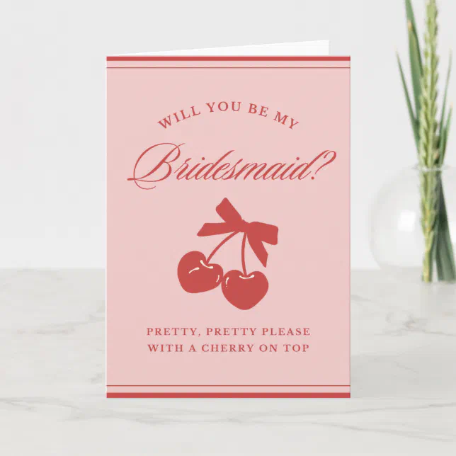 Clean Aesthetic Bow & Cherry Bridesmaid Proposal  Invitation