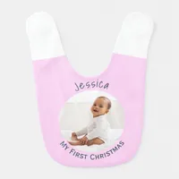 My First Christmas Baby Photo Custom Name Pink Baby Bib