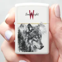 Majestic wolf among foggy mountains and tall pines zippo lighter