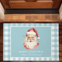 Vintage Santa Blue Gingham Personalized Christmas Doormat