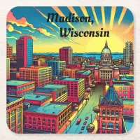 Madison, Wisconsin Skyline at Sunset   Square Paper Coaster