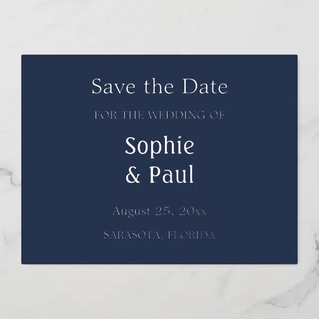 Navy Blue Save the Date Foil Invitation Postcard