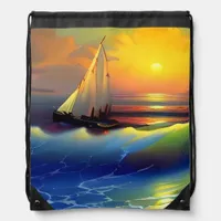 Ocean Waves, Sailboat and Sunset Reflection Drawstring Bag