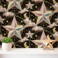 Iridescent Stars and Gold Moons on Black Wallpaper