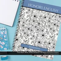 Floral Black White Blue Name School Subject Notebook