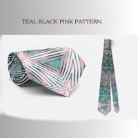 Teal Black Pink Pattern Neck Tie