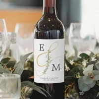 Simple Monogram Ampersand Eucalyptus Wedding Wine Label