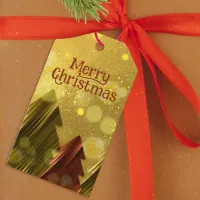 Dreamy Blurred Gold and Red Christmas Trees Gift Tags