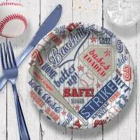 Baseball Typography Red White Blue Stripes ID770 Paper Plates