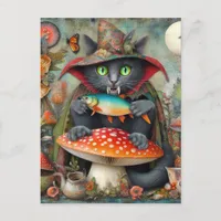 Adorable Vampire Cat With a Fish on a Mushroom Postcard