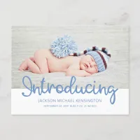 Introducing Baby Boy Blue Typography Photo Announcement Postcard