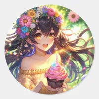 Pretty Anime Birthday Girl Classic Round Sticker