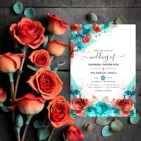 Turquoise and Coral Rustic Floral Wedding Invitation