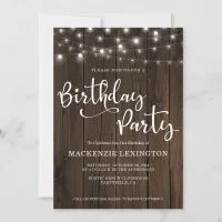 Rustic String Lights Wood 21st Birthday Party Invitation