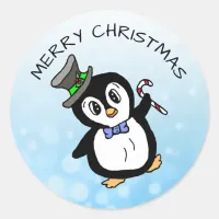 Funny Dancing Penguin with Candy Cane Christmas Classic Round Sticker