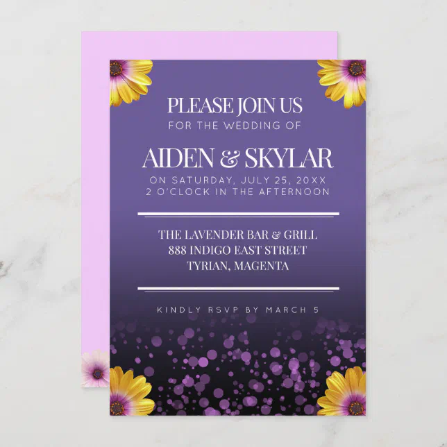Elegant Golden Daisies with Purple Glitter Wedding Invitation