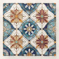 Ornate Moroccan Tile Pattern#3 Blue Gold ID1078 Glass Coaster