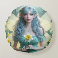 Beautiful March Fairy in Daffodils Round Pillow