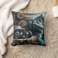 Vintage Cars by a Mountain Stream at Dusk Throw Pillow