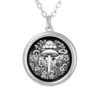 Black and White Retro Mushrooms and Flowers Silver Plated Necklace