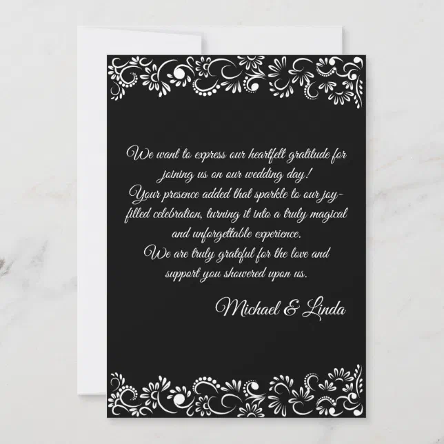 Elegant simple black and white floral wedding thank you card