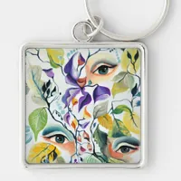 Handpainted Elegant Feminine Eyes Colorful Leaves  Keychain