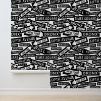 New York Street Signs Black and White Pattern Wallpaper