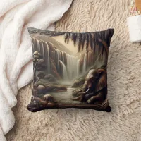 Majestic Elephant by Serene Waterfall at Dusk Throw Pillow