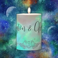 Monogram Elegant Mother-of-Pearl Green Wedding Pillar Candle