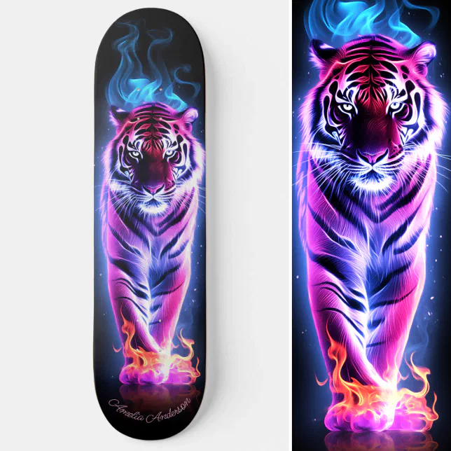 Fiery Tiger Pink & Blue Glowing Cool Style Skateboard