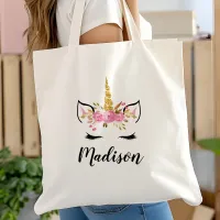 Unicorn Face With Eyelashes Personalized Name Tote Bag