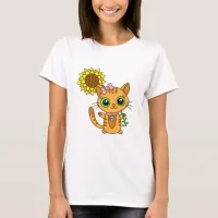 Cute Orange Kawaii Cat with Sunflower T-Shirt