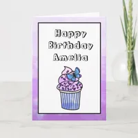 Purple Whimsical Girl's Butterfly Cupcake Birthday Card