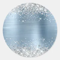 Silver Glitter Metallic Light Blue Blank Classic Round Sticker