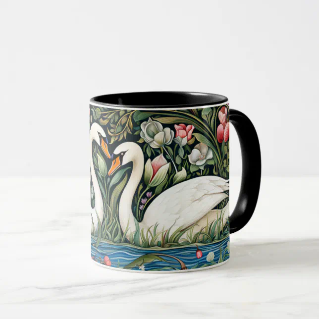 Swans on Pond William Morris Style Painting Art Mug