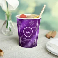 Festive Purple Foil Snowflakes Monogram Name Paper Cups