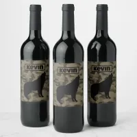 Modern Brown Camo Black Wolf Silhouette Monogram | Wine Label