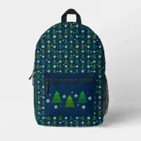 Christmas tree forest, snowflakes and red blue dot printed backpack