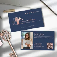 Modern Rose Gold House Logo Photo Navy Realtor Business Card