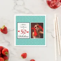 50 & Fabulous Name Photo Red 50th Birthday Teal WH Napkins