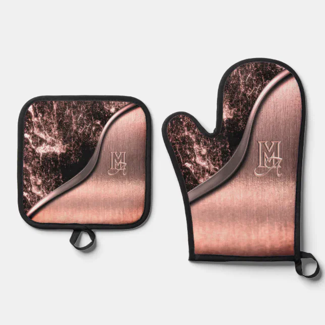 Pink brushed metal and metallic stone monogrammed oven mitt & pot holder set