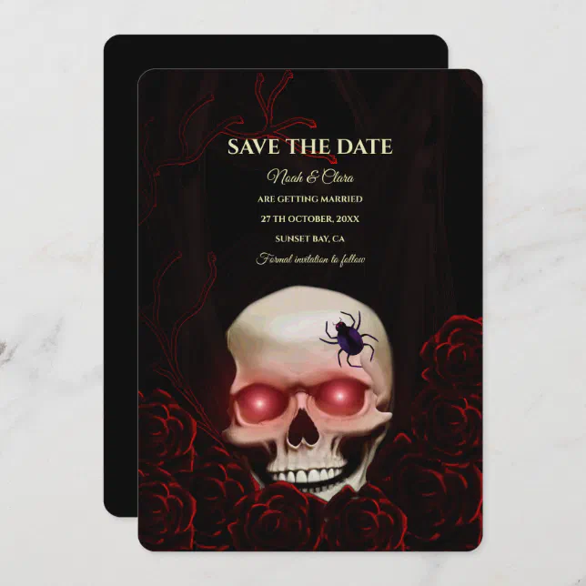 Black red floral dark moody gothic skull halloween save the date