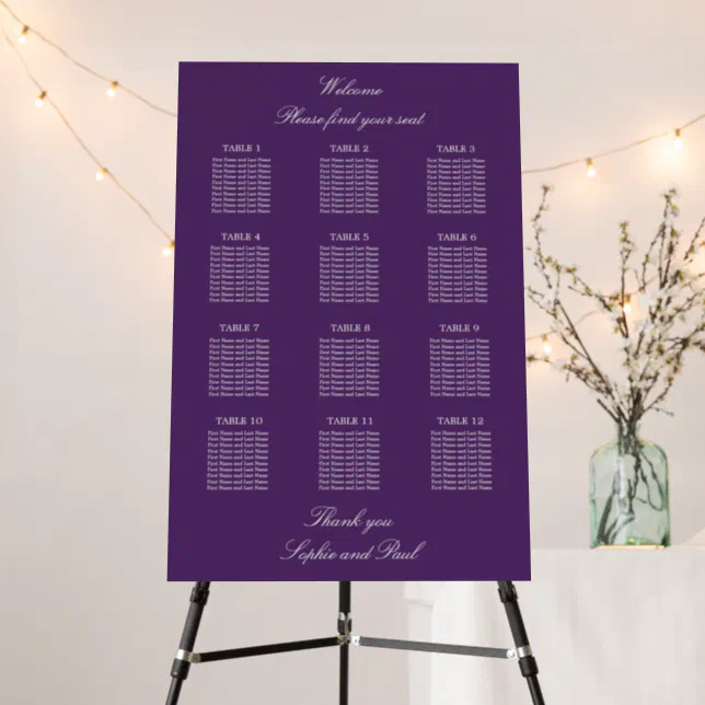 Dark Purple 12 Table Wedding Seating Chart Foam Board