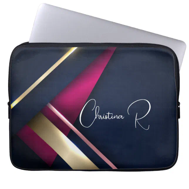 Elegant Abstract Gold Blue Pink Name Laptop Sleeve