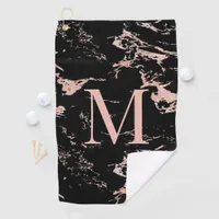 Girly Black Marble Rose Gold Foil Monogram Golf Towel