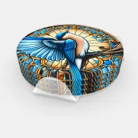 Vibrant Blue Bird Perched on Stained Glass Coaster Set