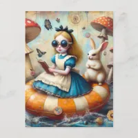 Alice and the White Rabbit floating down the river Postcard