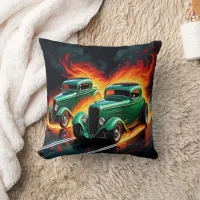 Racing hot rods on a fiery sunset highway throw pillow