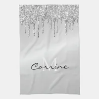 Monogram Silver Dripping Glitter Metallic Platinum Kitchen Towel