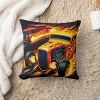 Vibrant hot rod racing under a blazing sunset throw pillow